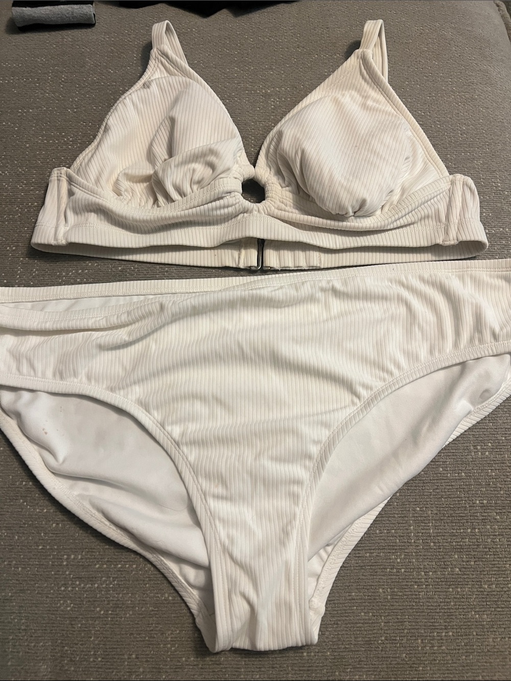 White bikini set, top is a 1X and the bottoms are a 2X